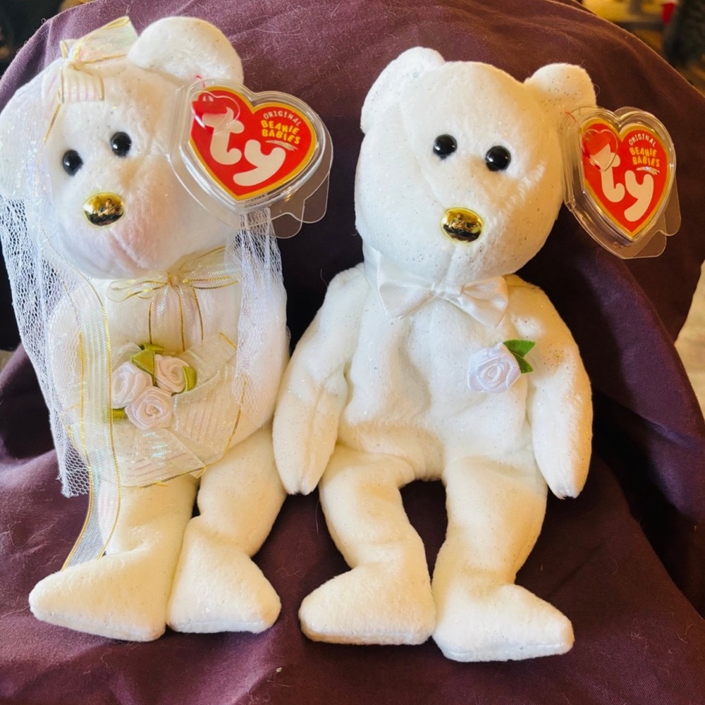Ty White Wedding Bears with Gold and Floral Accents